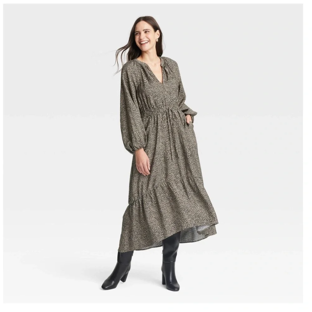 A New Day Women's Balloon Long Sleeve Tiered Midi Dress-Brown Leopard Print XS - Picture 1 of 4